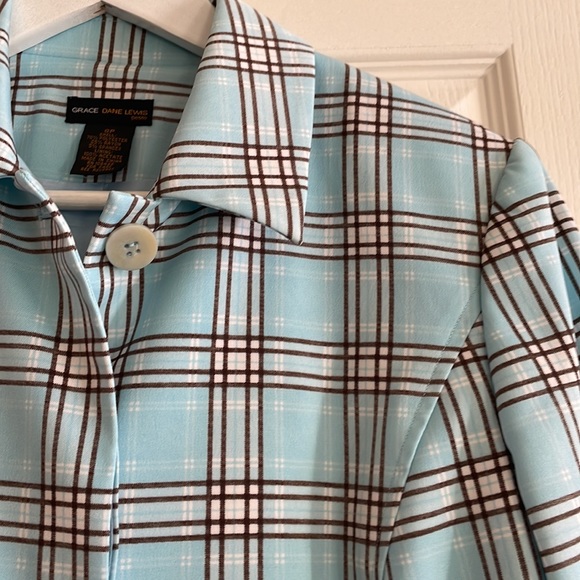 Plaid blue and brown long blazer coat size 8 Petite - Picture 3 of 8